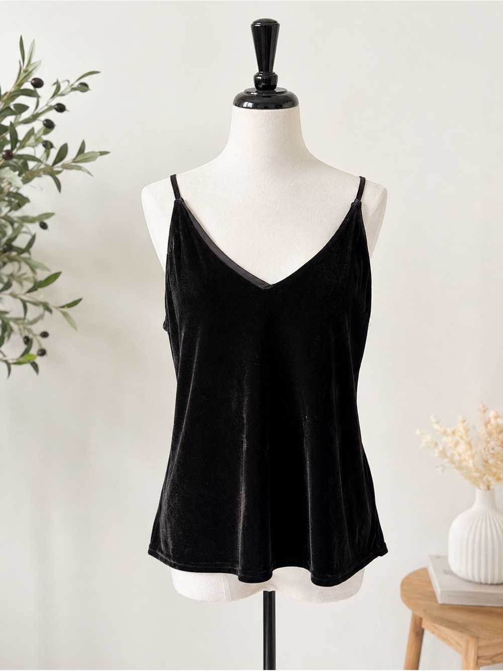 Classic Black Velvet V-Neck Cami Top, M